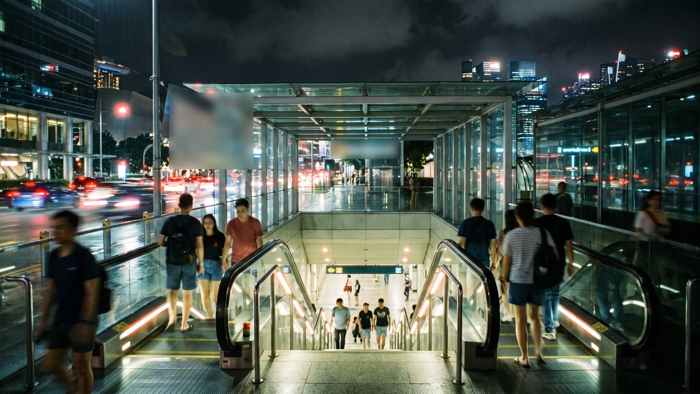 夜、明るく照らされたMRT駅の入口へ、幅広いエスカレーターで降りていく観客たち。背後には街の車の流れと高層ビル。