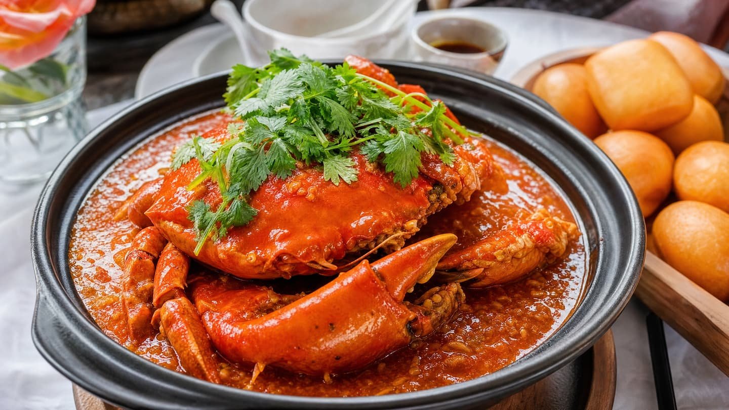 Un cangrejo entero en una salsa roja y espesa de guindilla, en un cuenco de barro oscuro y con cilantro por encima, junto a una cesta de mantou fritos dorados.