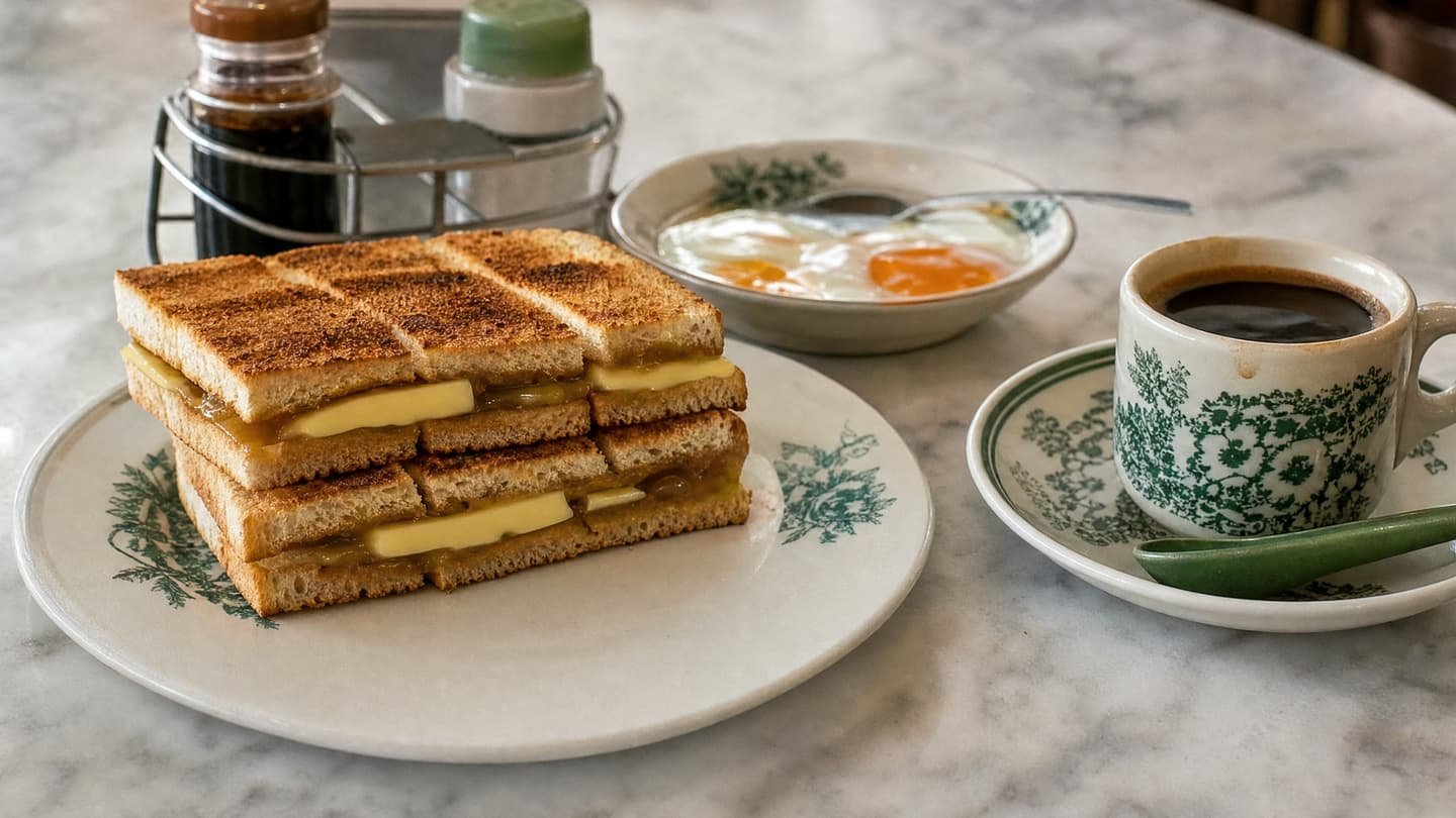 Kaya toast apilado y cortado en cuadrados sobre un plato con motivos verdes, junto a un cuenco bajo con huevos pasados por agua y una taza de café solo sobre una mesa de mármol.