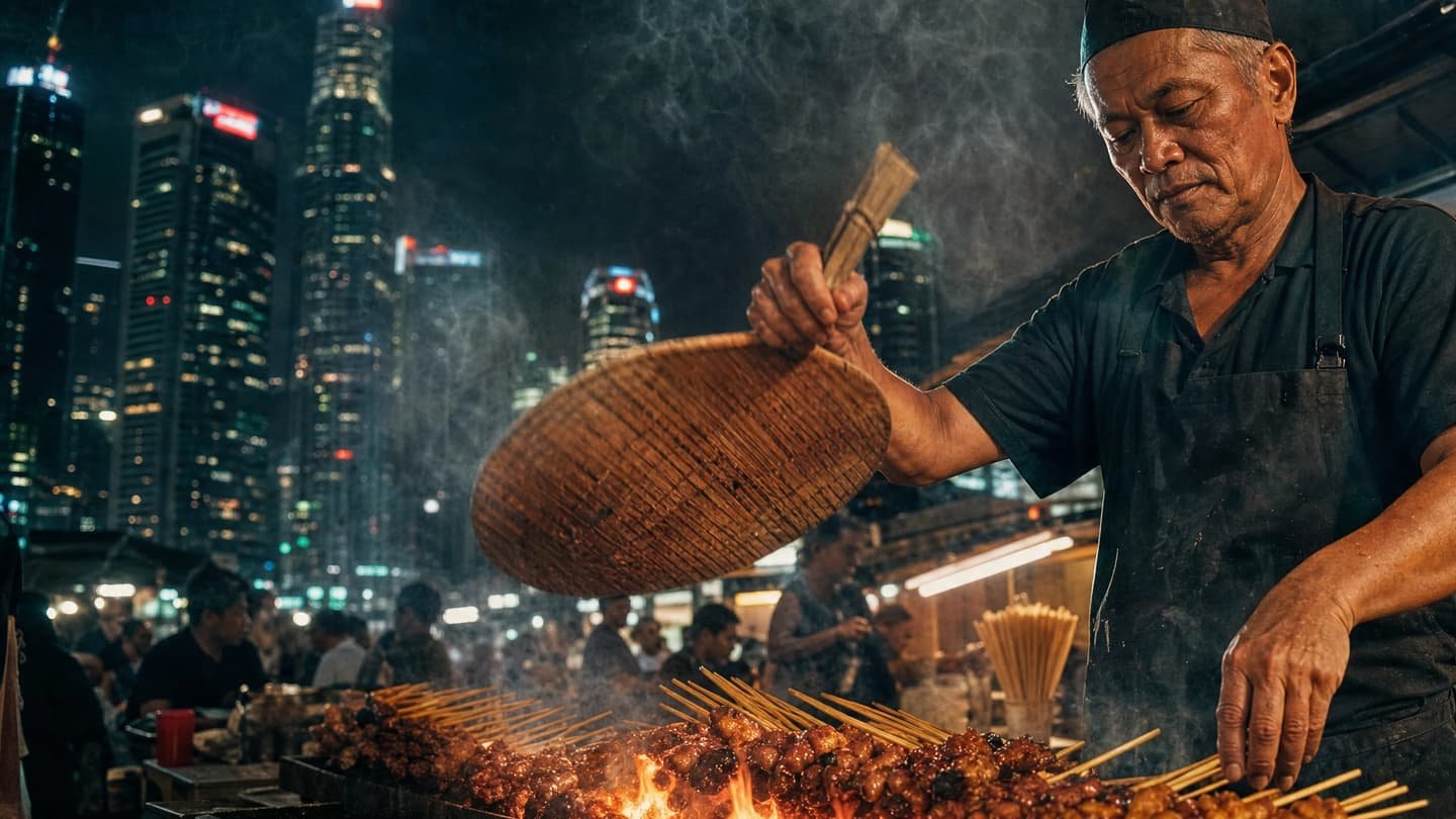 Un hawker aviva las brasas sobre una larga hilera de brochetas de satay de noche, con el humo subiendo y las torres de oficinas iluminadas al fondo.