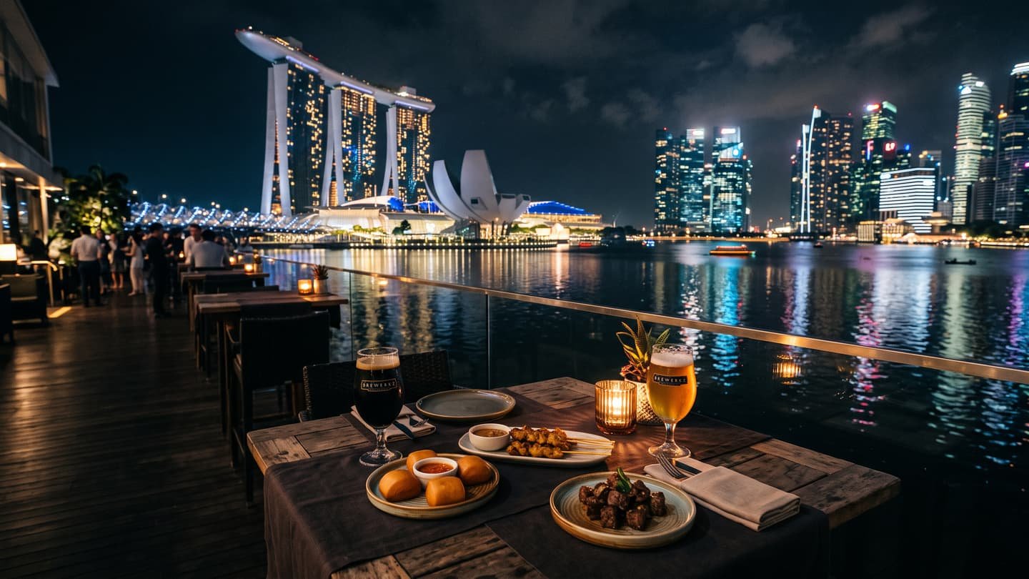 Singapore's Marina Bay skyline reflected in the water at night