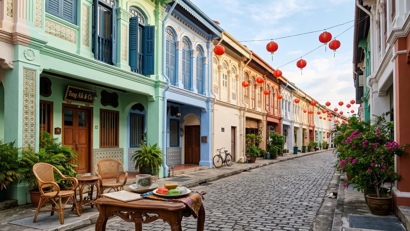 Colourful shophouse facades in a Singapore heritage district