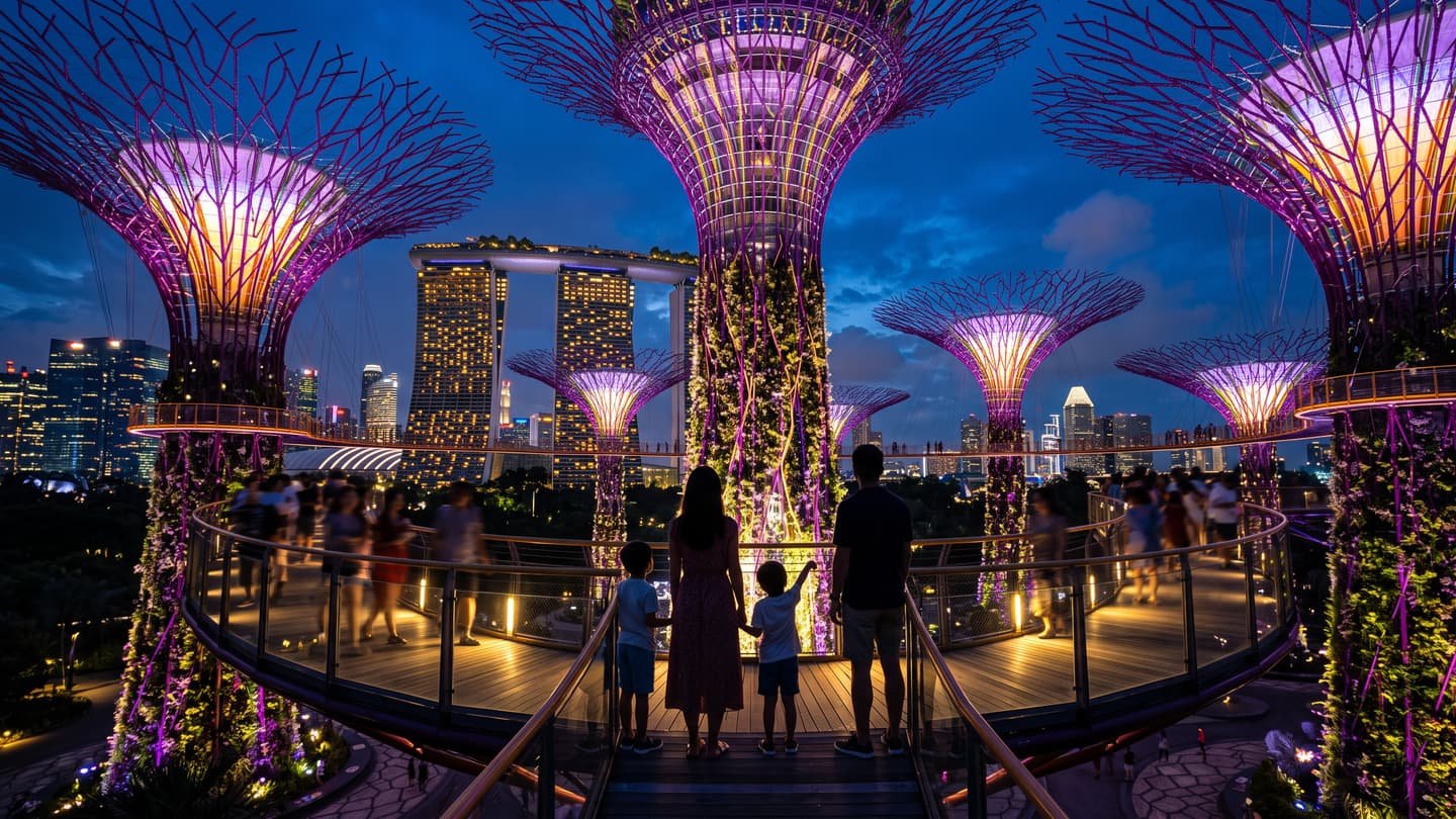 The Supertree Grove lit up at night at Gardens by the Bay, Singapore
